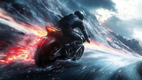 Fearless rider chasing light through a stormy mountain pass.