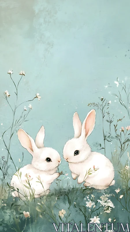 Two gentle bunnies sharing a quiet moment in spring meadows.