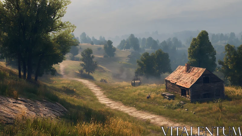 Weathered rural shack beside serpentine dirt track at dawn.