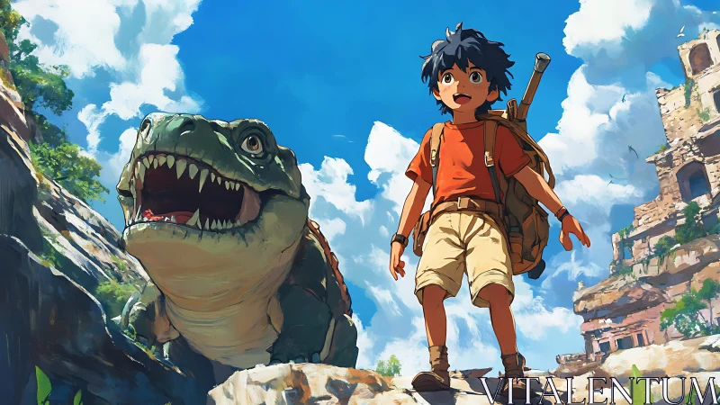 Boy explorer and reptilian companion traverse sunlit canyon