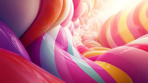 3D striped candy tunnel with luminous high-gloss curvature.