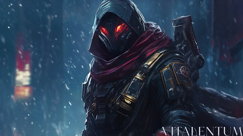 Mysterious cyberpunk sentinel with glowing crimson eyes.