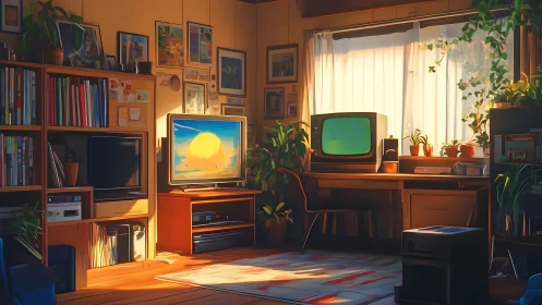Cozy study room shows retro televisions, bookshelves and plants