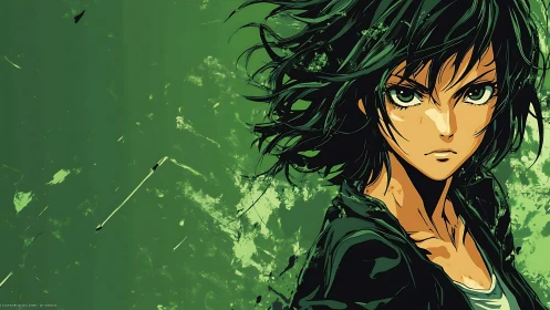 Anime character with intense stare against abstract green field