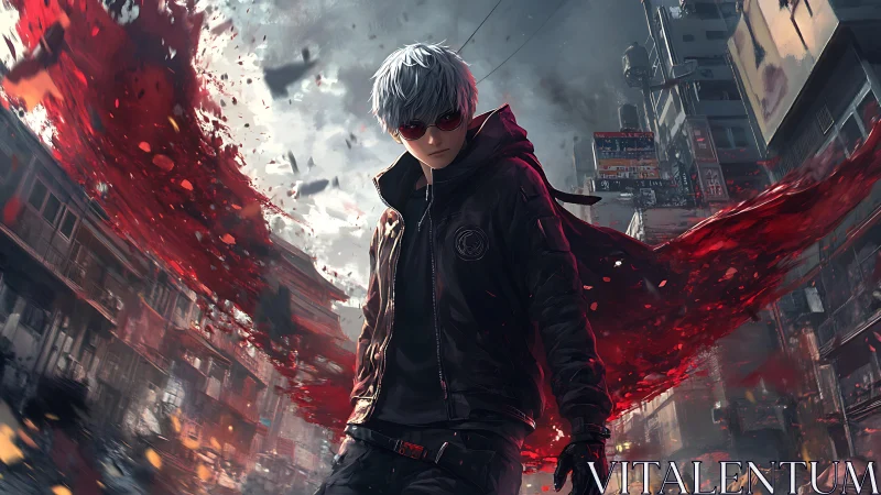 White-haired urban antihero walks through collapsing blood storm