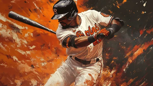 Digital painting shows baseball batter mid-swing in orange tones