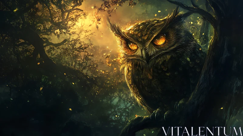 Owl occupies tree branch in dense forest under backlit glow