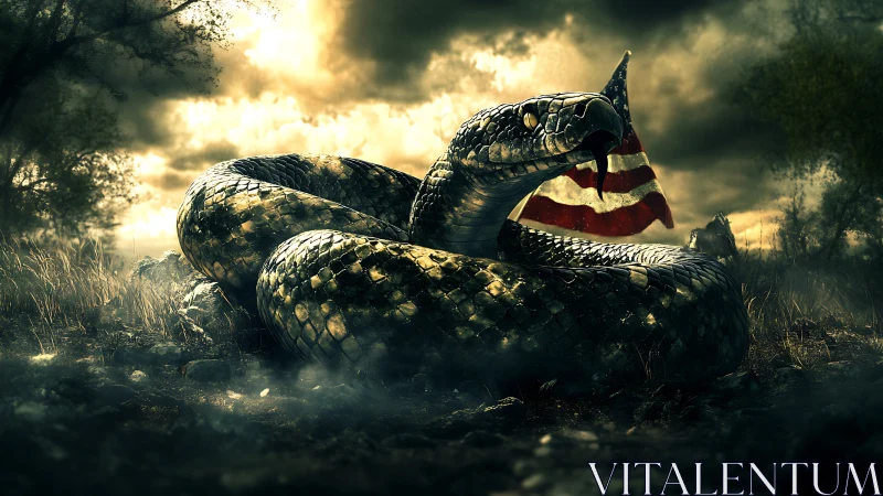 Coiled serpent rendered with glossy scale shaders under stormy backlight