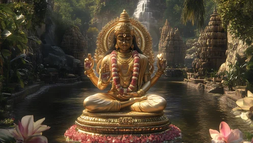 Golden seated deity statue is positioned before stepped waterfall