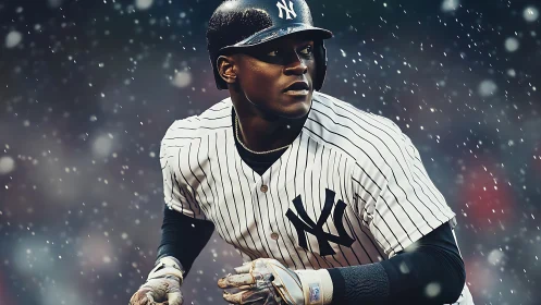 Snowy night baseball player in pinstripes mid-action.