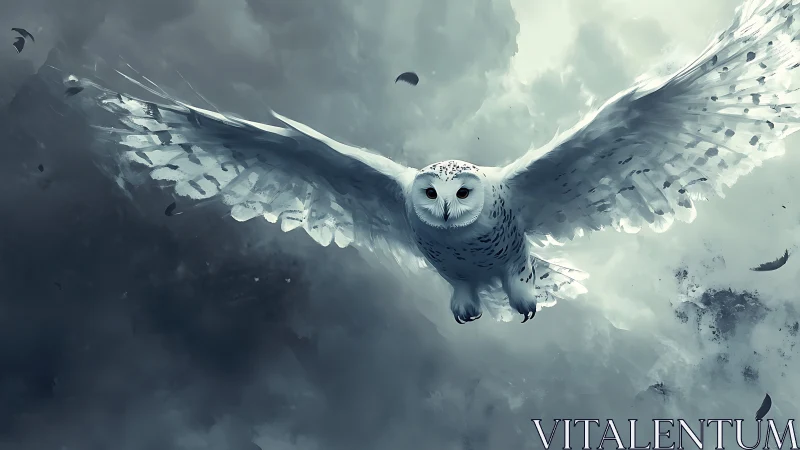 Majestic white owl soaring through stormy skies in digital art.