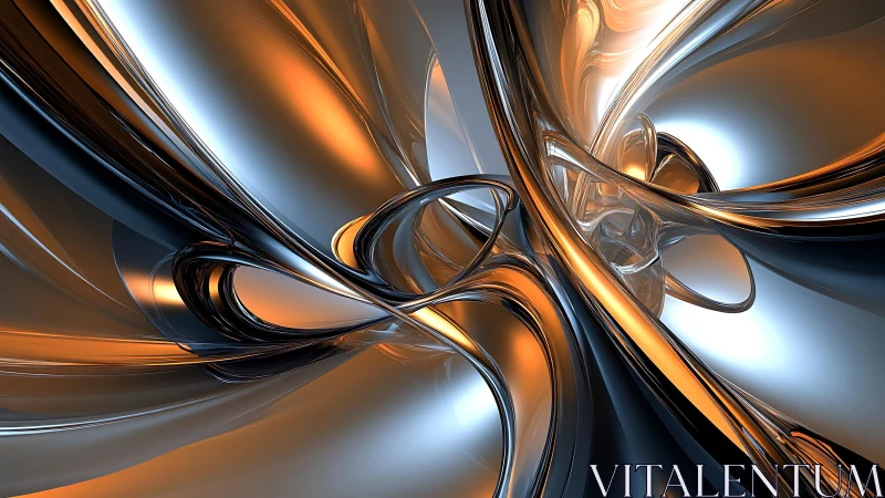 Dynamic Metallic Abstract Art with Orange and Silver Reflections.