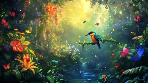 Luminous rainforest aviary in saturated digital painting style.