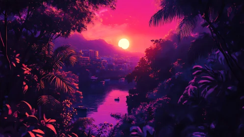 Neon tropical river sunset with silhouetted foliage framing.