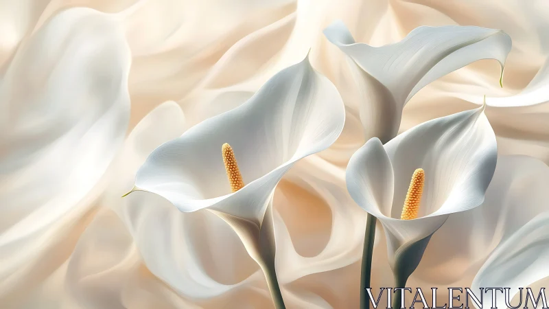 Calla Lilies Close-Up: White Petals with Golden Spadix Detail.