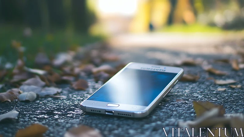 Samsung Smartphone on Concrete Path with Autumn Foliage.