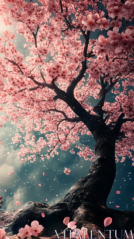 Stormlit cherry blossom tree with drifting spring petals.