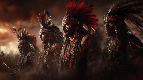Warriors in feathered headdresses under burning dusk sky.