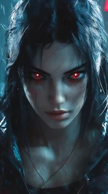 Cyberpunk woman with glowing red eyes confronts the rain