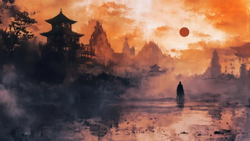 Wanderer in mist, crimson sun above quiet temples.