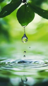 Macro water droplet falling from leaf into rippling surface.
