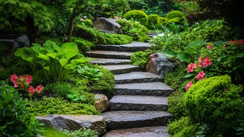 Stone garden stairway winding through lush emerald quiet.