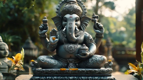 Silver Ganesha statue quietly gathers sunlight and devotion
