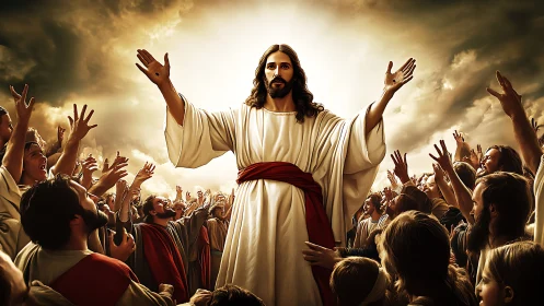 Radiant teacher among uplifted hands and hopeful hearts.