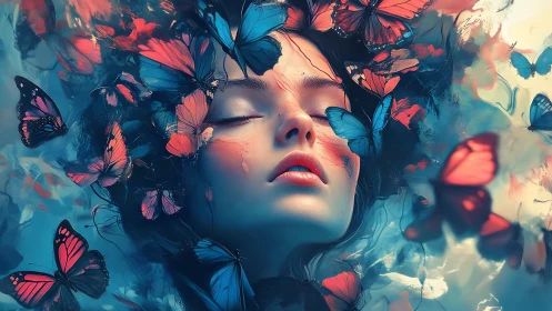 Butterfly-saturated female portrait uses soft-focus bokeh depth cues