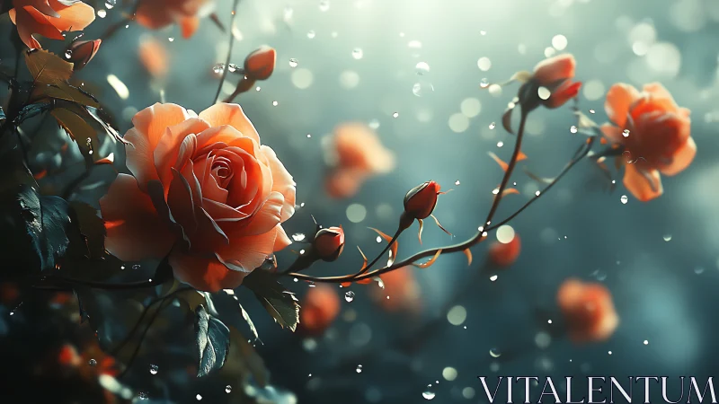 Bokeh-Enhanced Orange Rose Clusters with Suspended Water Droplets Composition