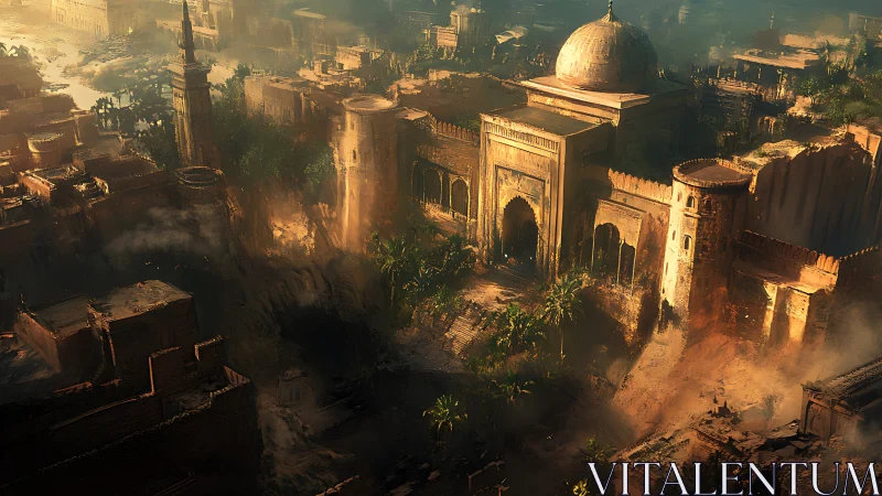 Sunlit ancient desert citadel with domed central palace.