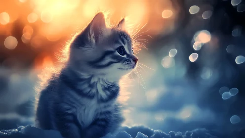 Feline kitten in atmospheric bokeh landscape with luminous backlighting.