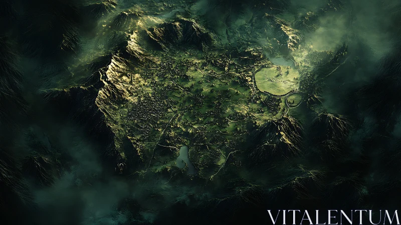 Fog-shrouded fantasy valley map glows with hidden cities.