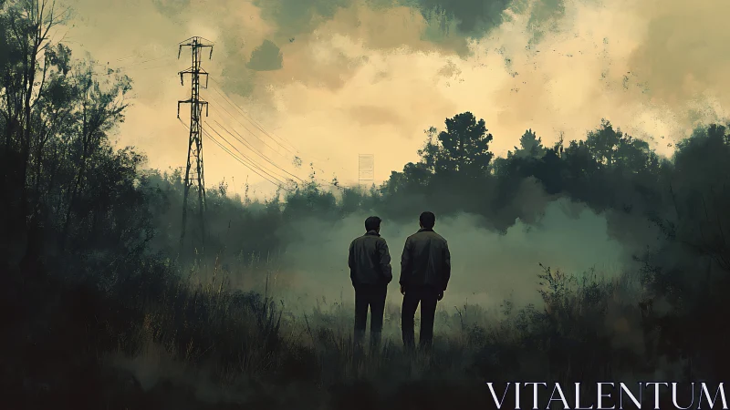 Two figures face misty field beneath charged evening sky.