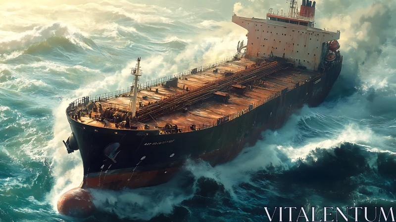 Rust-streaked cargo ship battles towering ocean waves in storm.