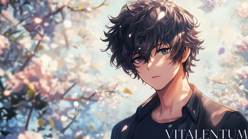 Young male figure before soft focus flowering branches.