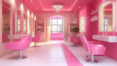Glamorous pink salon interior with glossy modern seating.