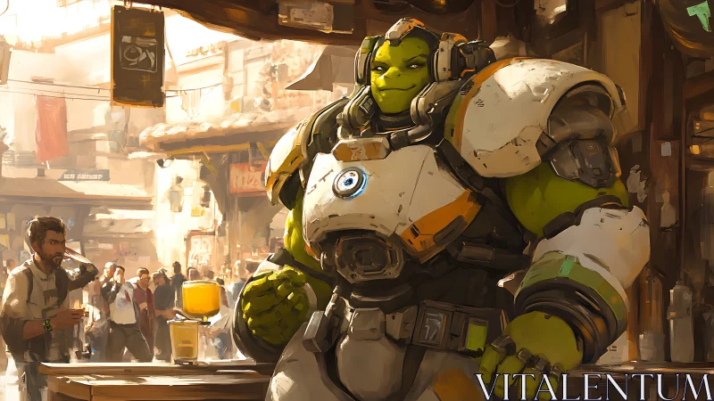 Armored green cyborg guards bustling sci-fi marketplace.