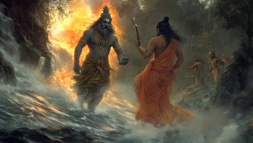 Epic river meeting between warriors framed in sacred fire.