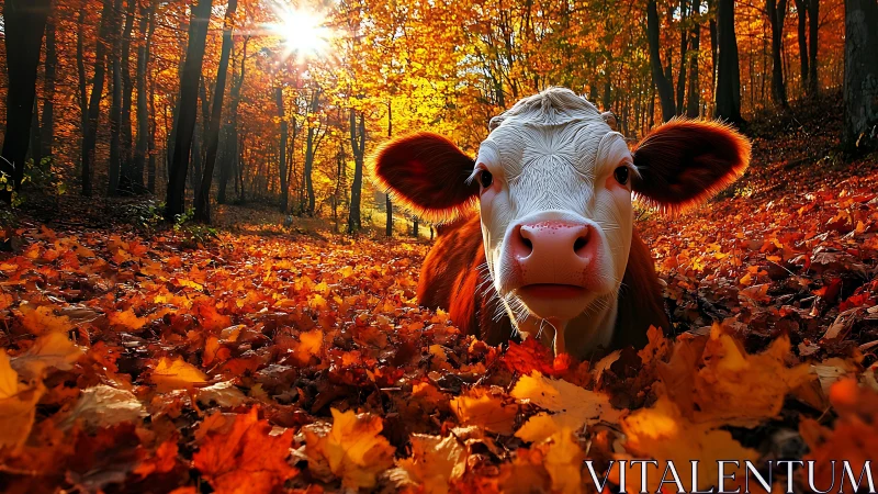 Curious cow resting in bright orange autumn forest leaves.