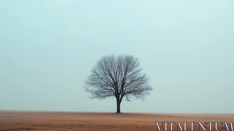 Solitary Bare Tree in Foggy Field, Minimalist Photography Style.