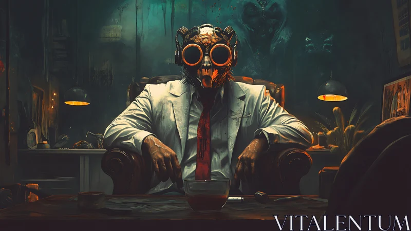 Masked figure in white suit seated in dark moody office.