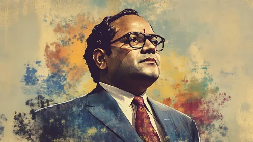 Stoic leader in suit crowned by splashes of sunset color.