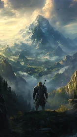 Lone warrior surveys misty fantasy valley beneath peak.