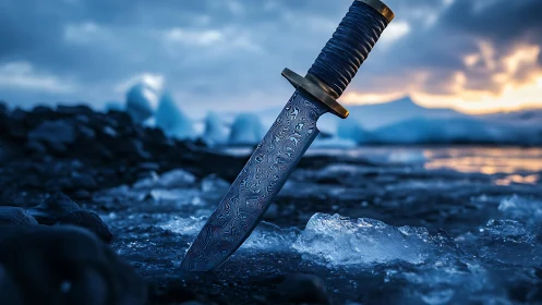 Patterned survival knife stands in Arctic ice at sunset.