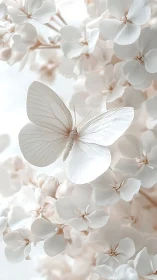 White butterfly rests among pale hydrangea blossoms