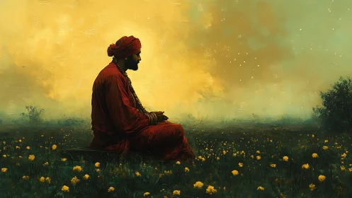 Solitary figure in red robe sits in flowered field at dusk