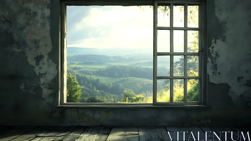 Weathered interior window opening onto layered green hills.