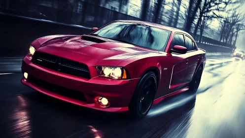 Red sports sedan driving on wet city road at dusk.