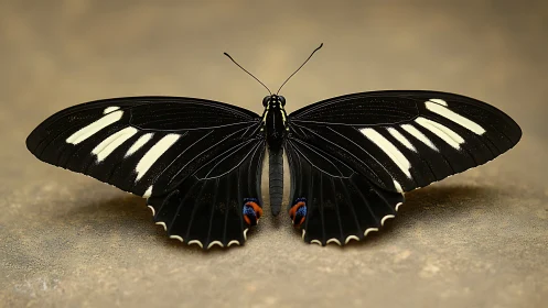 Macro study of a black swallowtail butterfly on neutral ground.